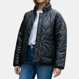 Cavalini Vegan Leather Quilted Cropped Stand Collar Jacket Black